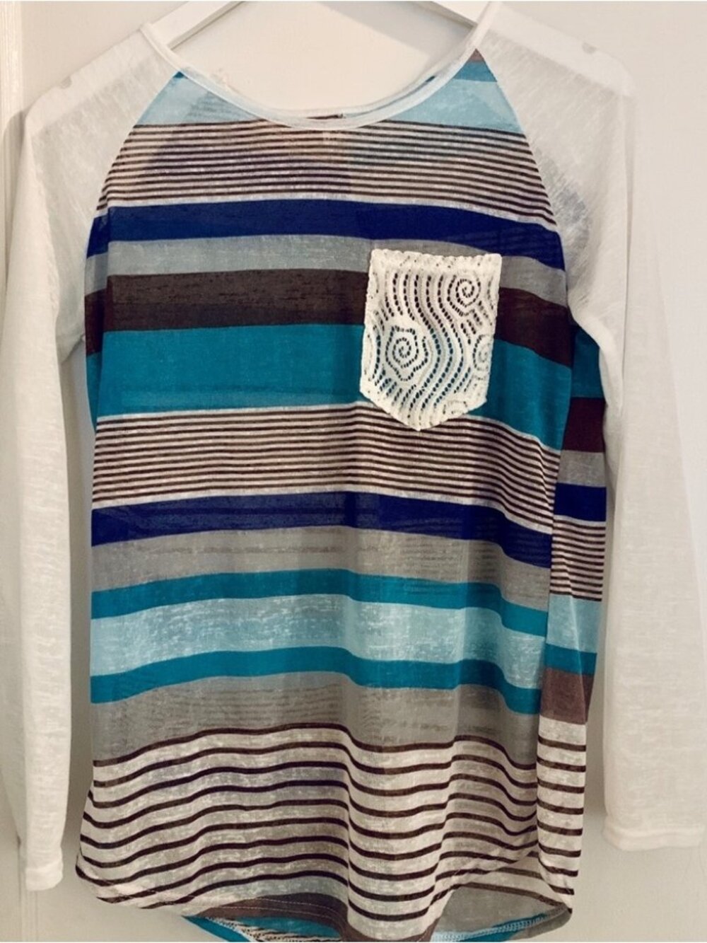 NWOT Blue Striped Crochet Pocket Baseball Tee